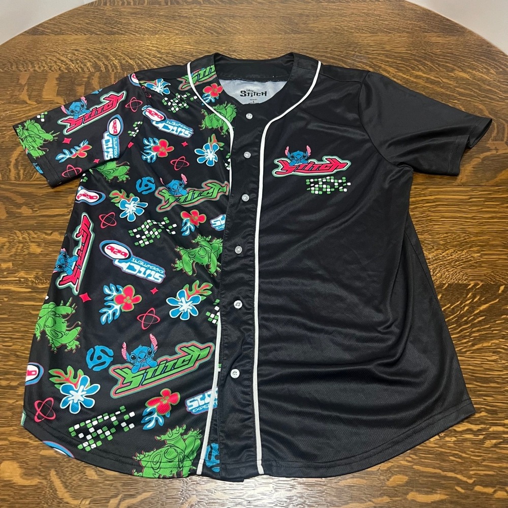 Disney Stitch Baseball Jersey Adult Large Black Split Graphic Button Front Shirt